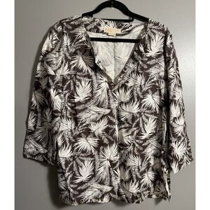 Michael Kors Brown White Linen Palm Shirt